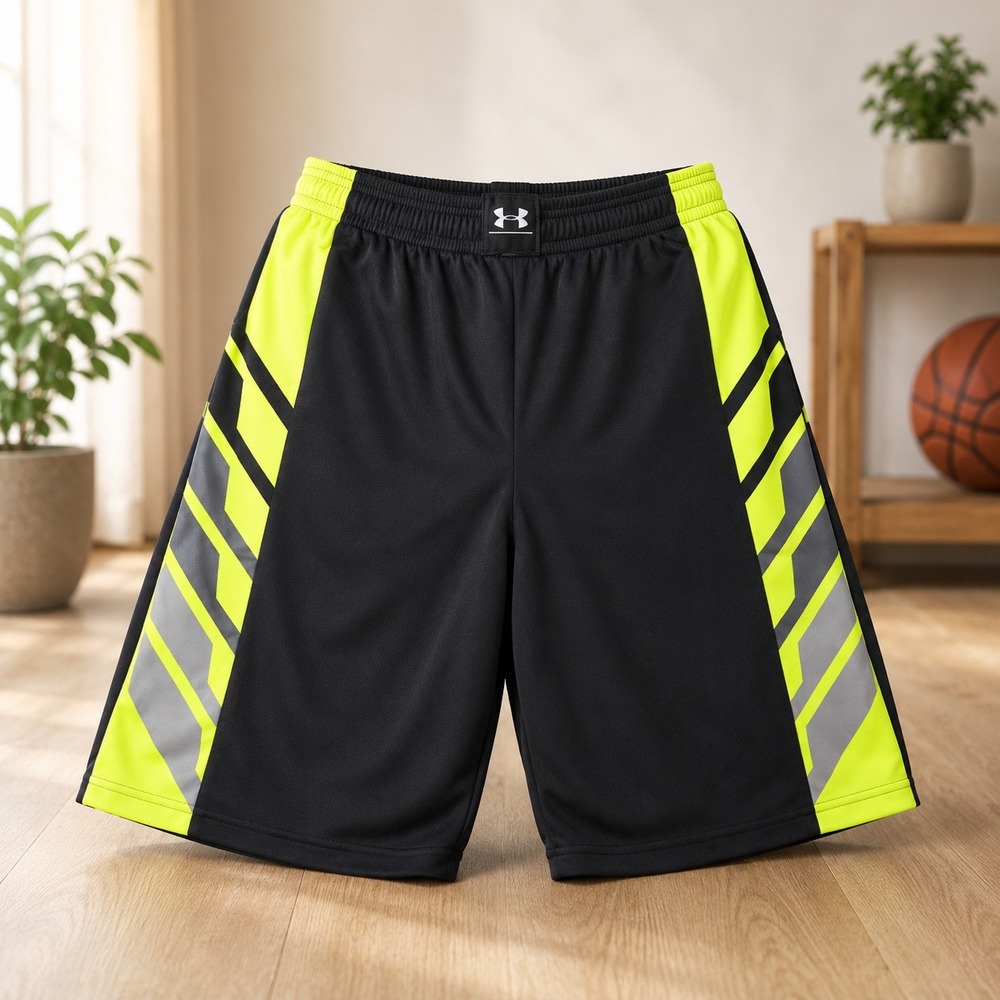 Under Armour Basketball Shorts Mens Large Black Neon Yellow HeatGear Graphic LG